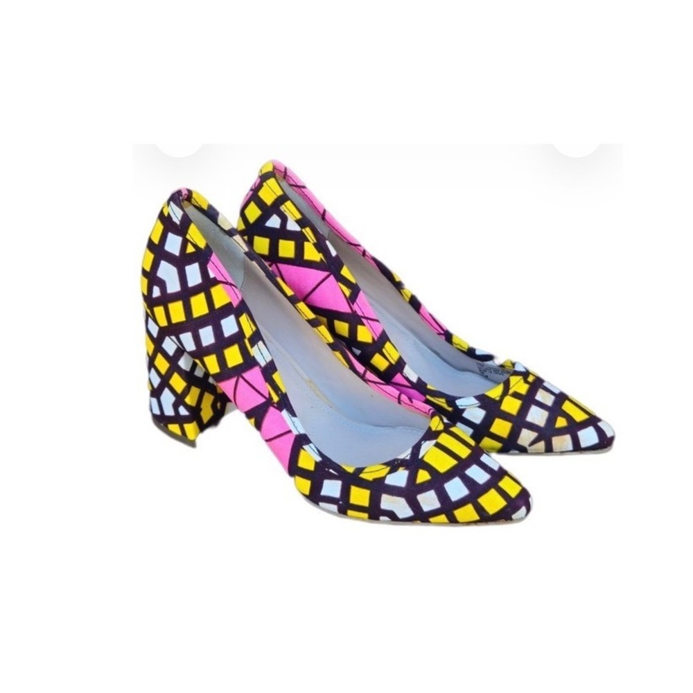 Charles by Charles David Geometric Ankara Block Heel Pumps 11 M Pink Yellow
